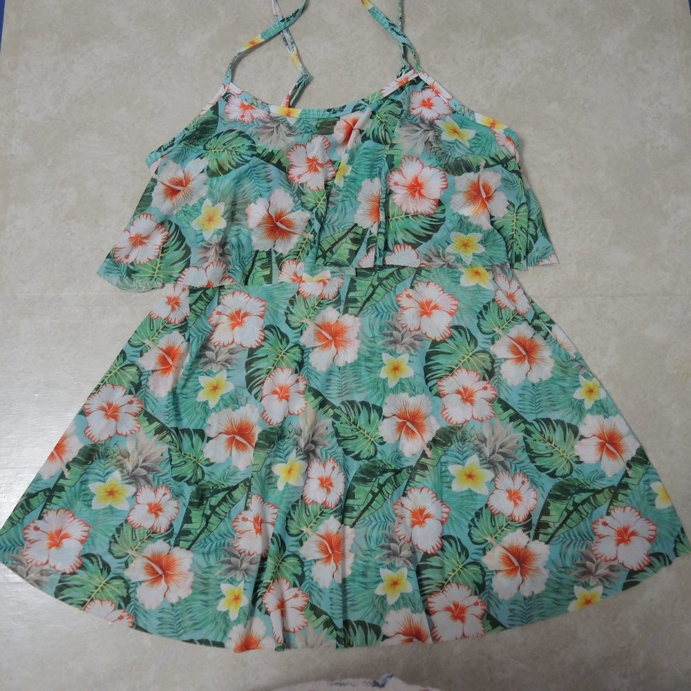 4/$25 Swim Tankini Top Green Mesh with Hawaiian Floral Print Size 0XL